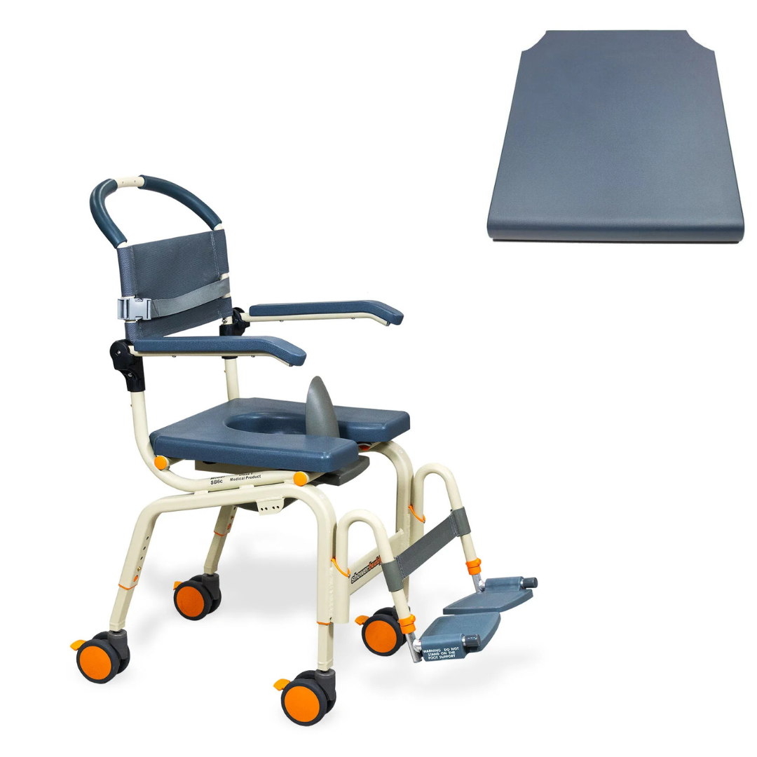 The ShowerBuddy SB6C Roll-in shower chair commode features four orange caster wheels, grey cushioned seat and backrest, armrests, footrests, and a removable seat cover displayed separately in the upper right corner.
